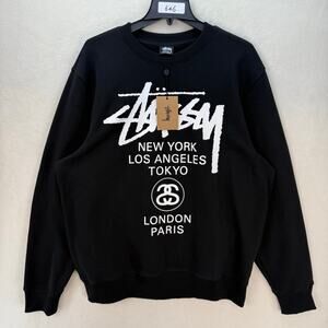 STUSSY WORLD TOUR CREWNECK BLACK SIZE LARGE 3913614 NWT